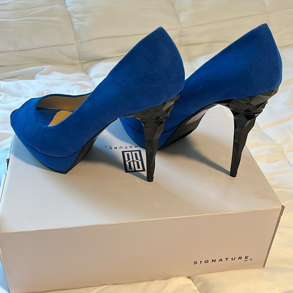 Blue suede platform heels